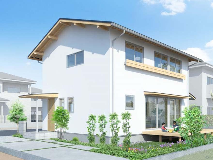 住宅外観の画像、木造二階建て新築一戸建て、青空と緑豊かな庭付きのモダンなデザイン。エフ・アール・シーの高品質住宅施工例。.