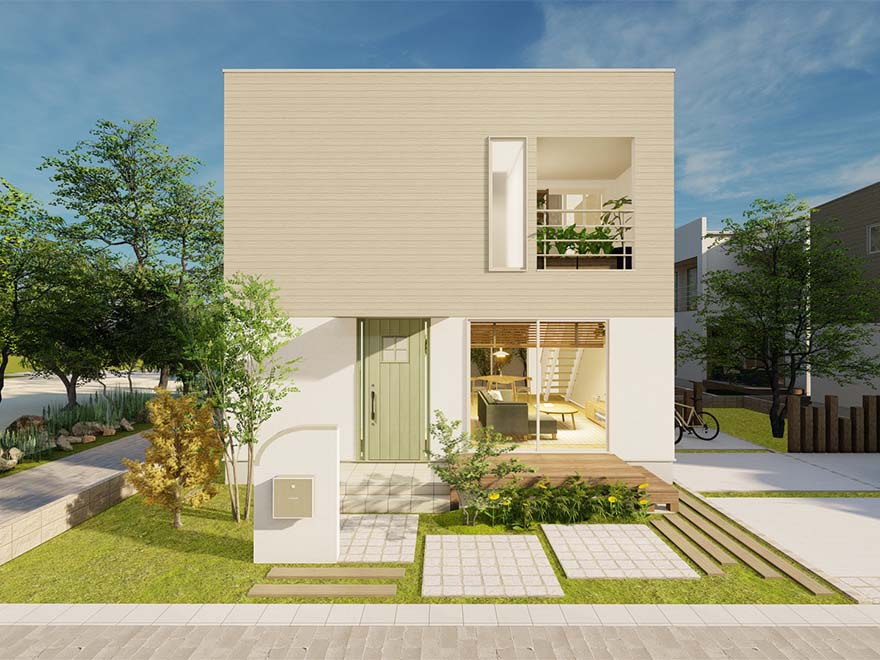 スタイリッシュな二階建て住宅外観、緑豊かな庭とモダンなデザインの住宅、住宅建築とデザインの株式会社エフ・アール・シーの施工例.