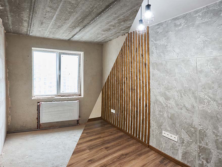 古い未完成の部屋と新しい内装完成の部屋の比較写真、リフォーム・内装工事のビフォーアフター、株式会社エフ・アール・シーの施工例が確認できます。.